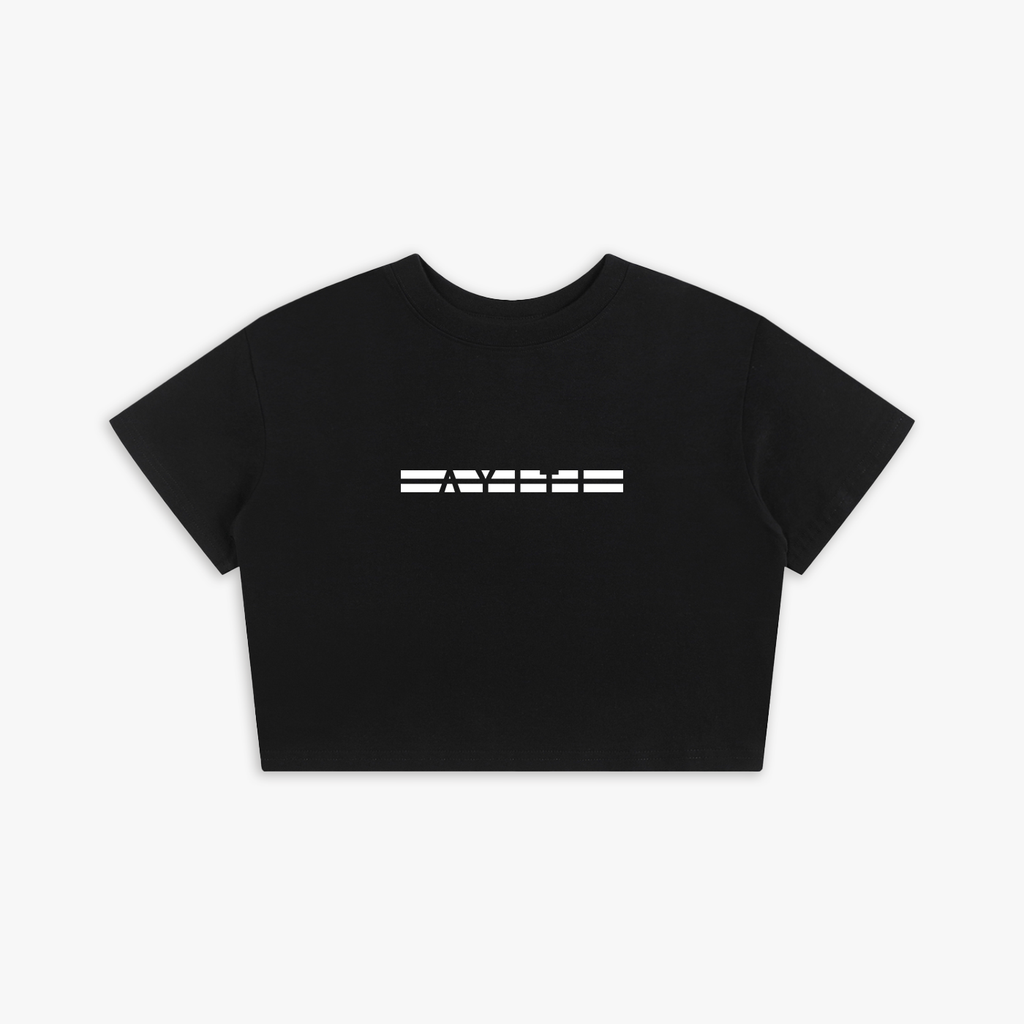 Black crop top with white logo on a white background