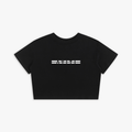 Black crop top with white logo on a white background
