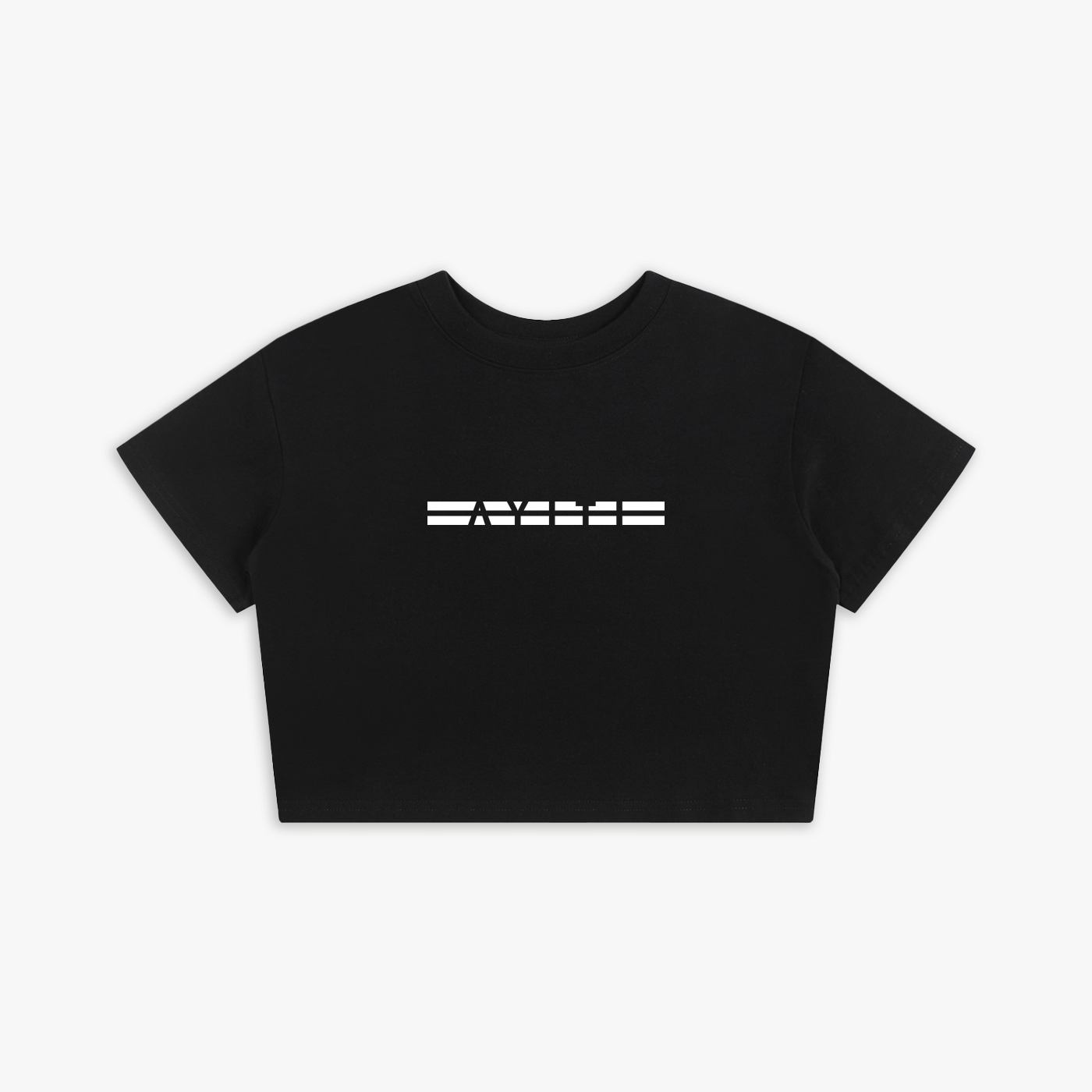 Black crop top with white logo on a white background