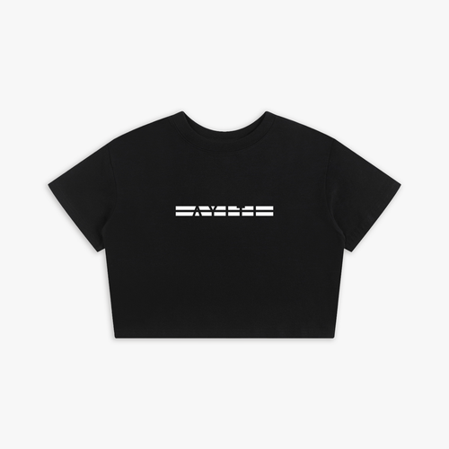 Black crop top with white logo on a white background