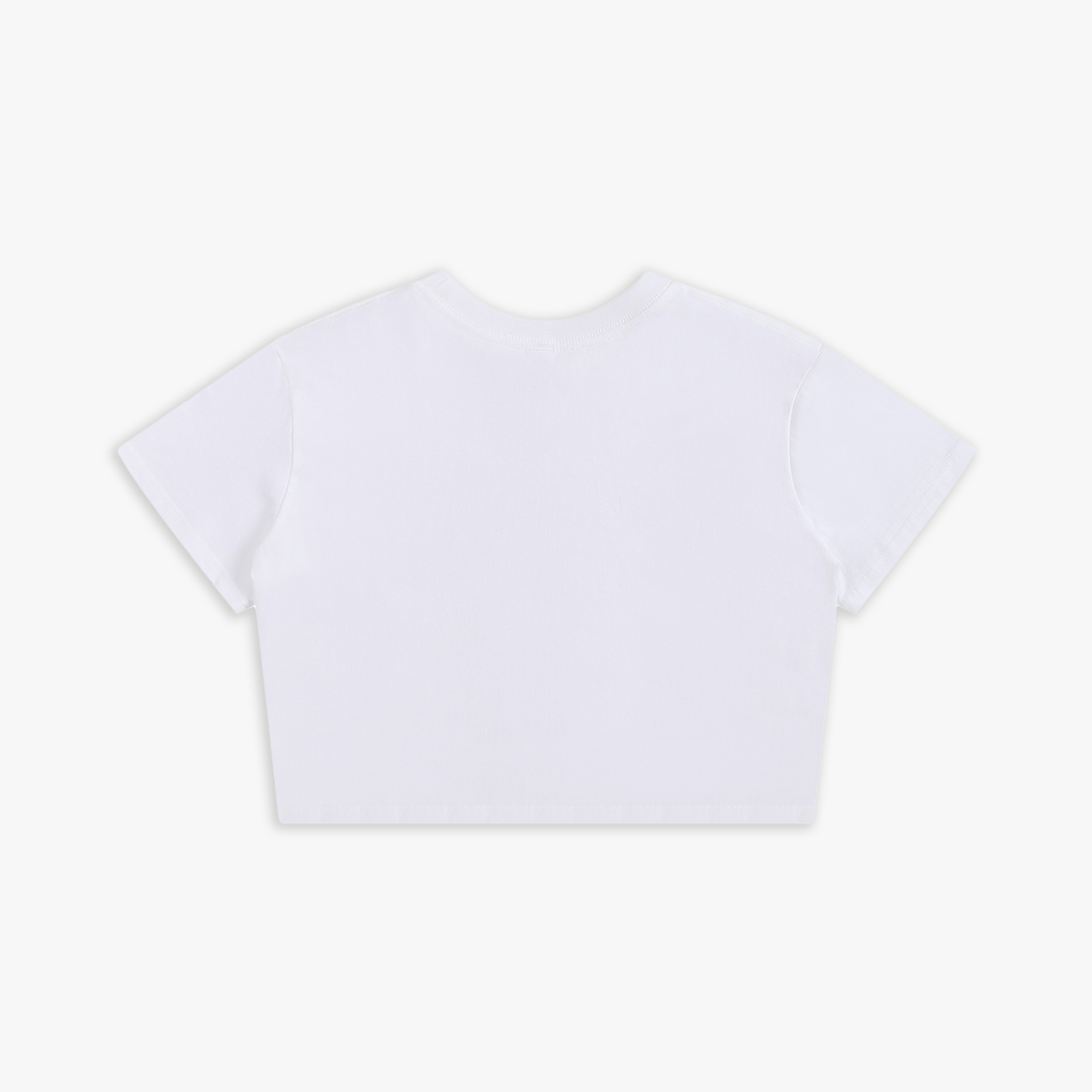 White crop top on a light gray background