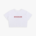 White t-shirt with red logo on a white background