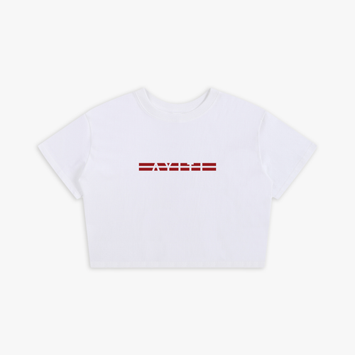 White t-shirt with red logo on a white background