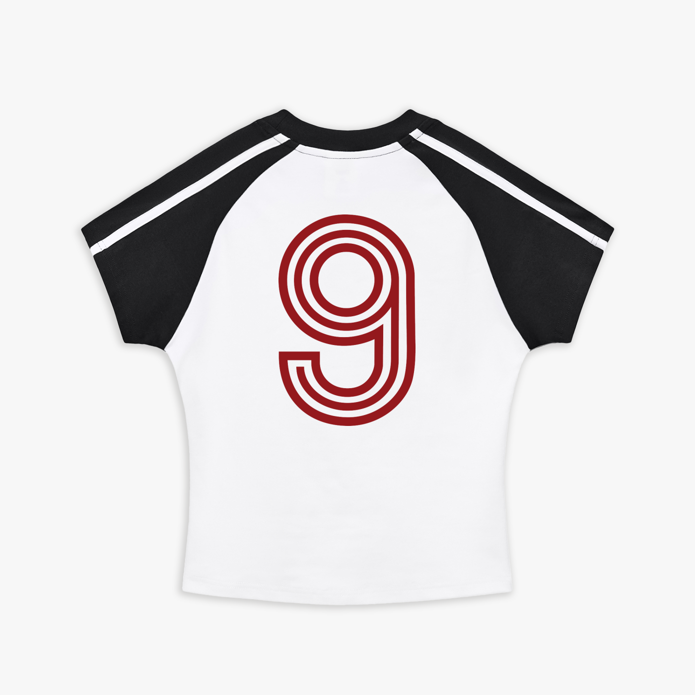 White bodycon shirt with black sleeves and a red number 9 on a white background