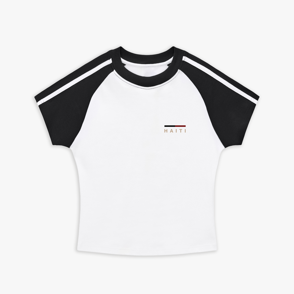 White t-shirt with black sleeves and a small logo on a white background