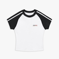 White t-shirt with black sleeves and a small logo on a white background